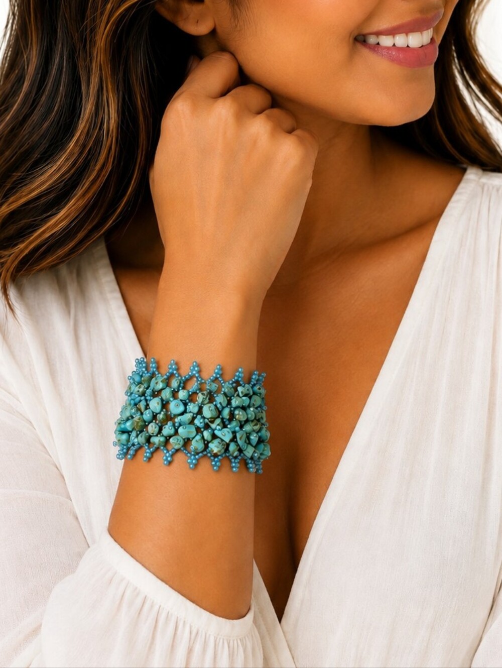 💎Turquoise Stone Beaded Cuff Bracelet Boho Southwestern Statement EUC